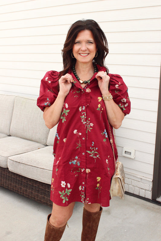 Burgundy Blossom Button-Up Dress