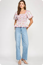 Smocked Floral Peplum Top
