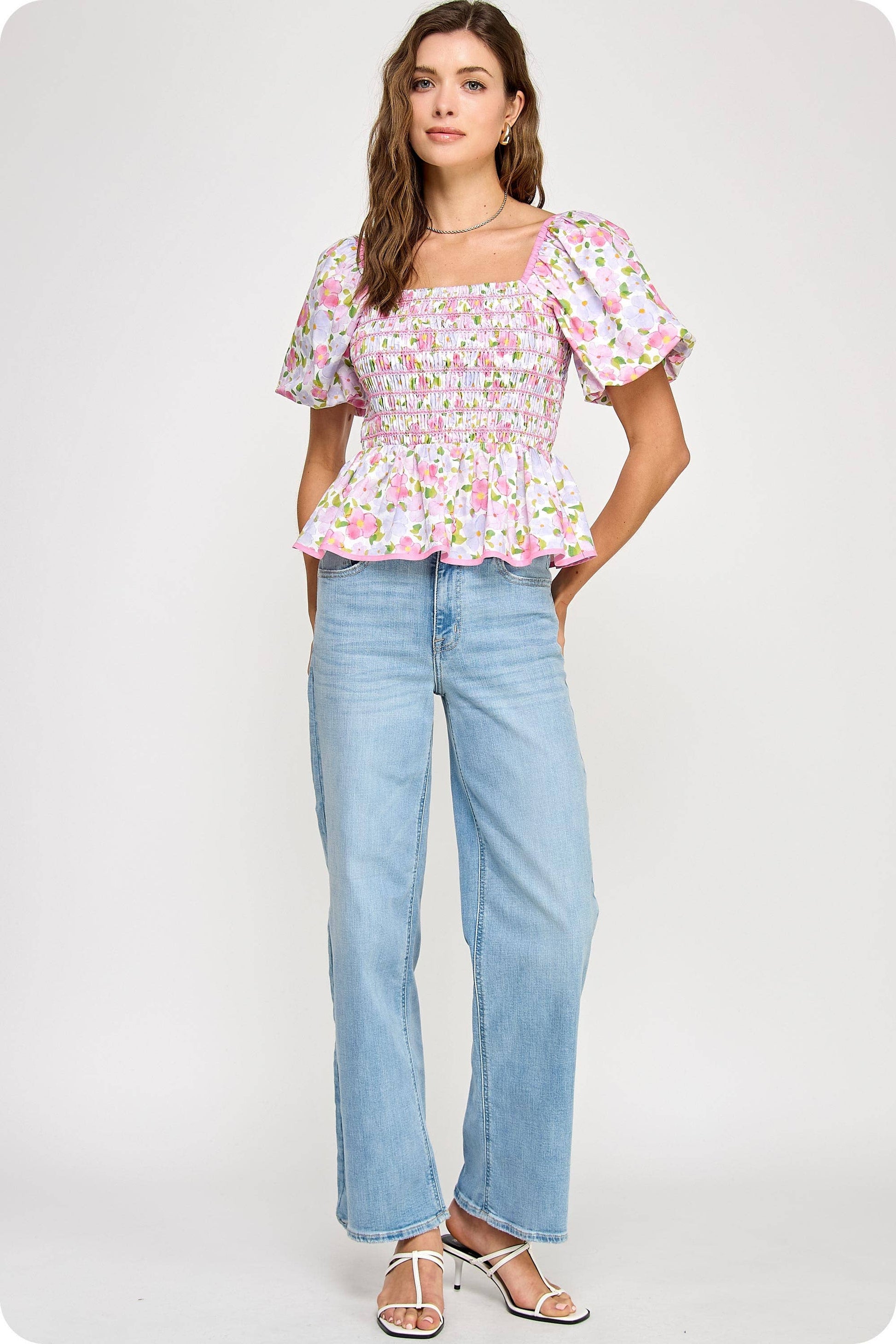 Smocked Floral Peplum Top