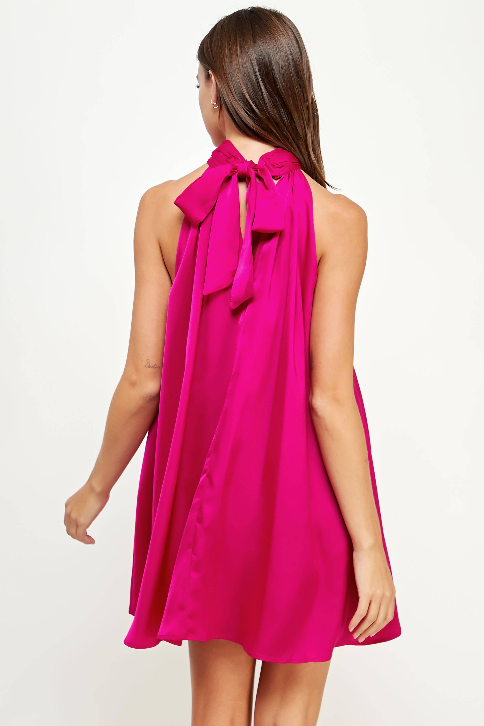 Mock Neck Halter Satin Mini Dress: Champagne