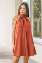 Mock Neck Halter Satin Mini Dress: Champagne