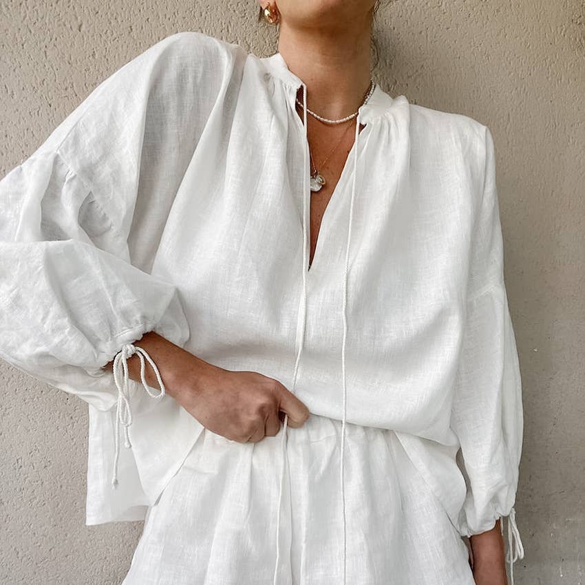 Lily Clothing - COTTON LINEN V-NECK LANTERN SLEEVE SHORTS SUIT: