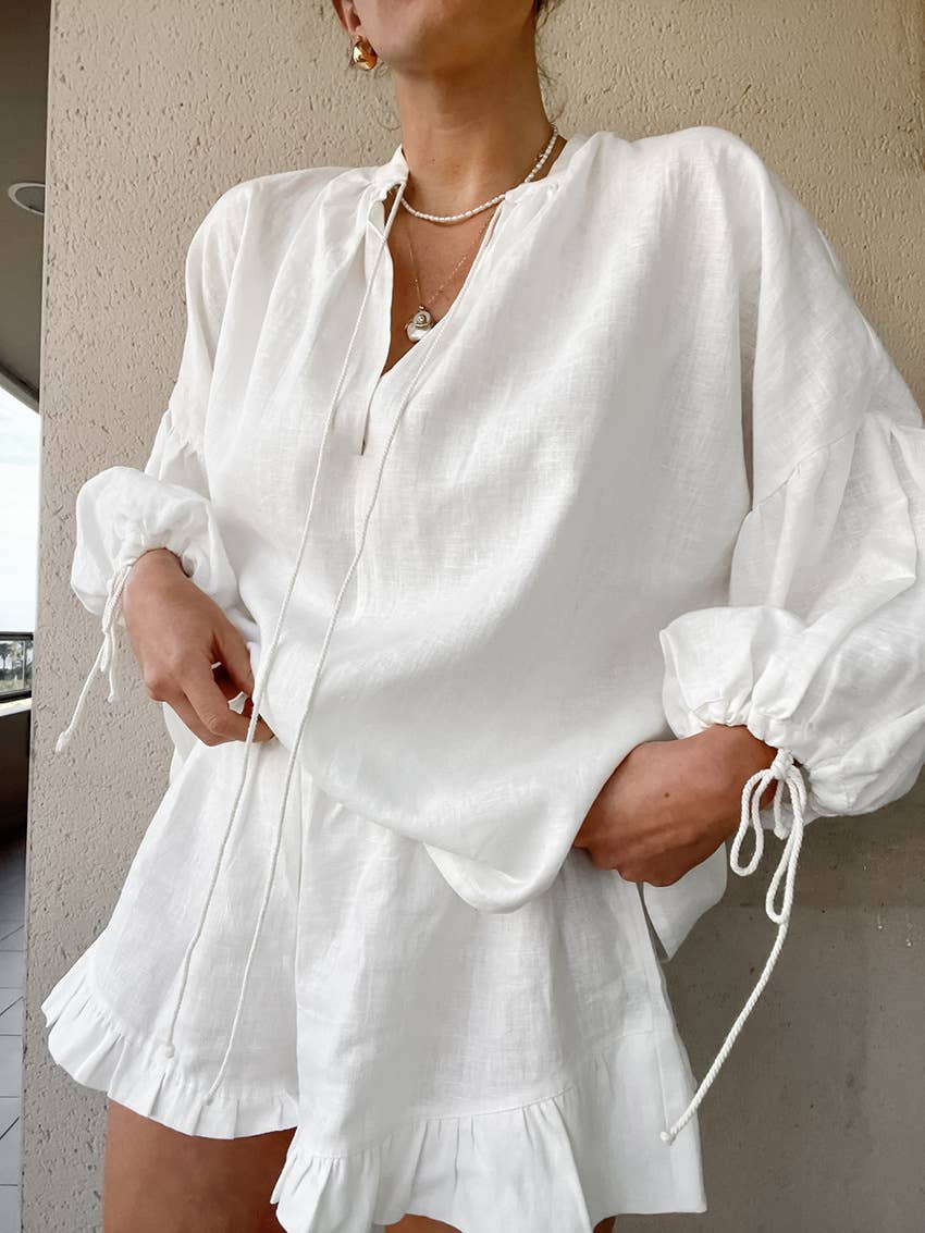 Lily Clothing - COTTON LINEN V-NECK LANTERN SLEEVE SHORTS SUIT: