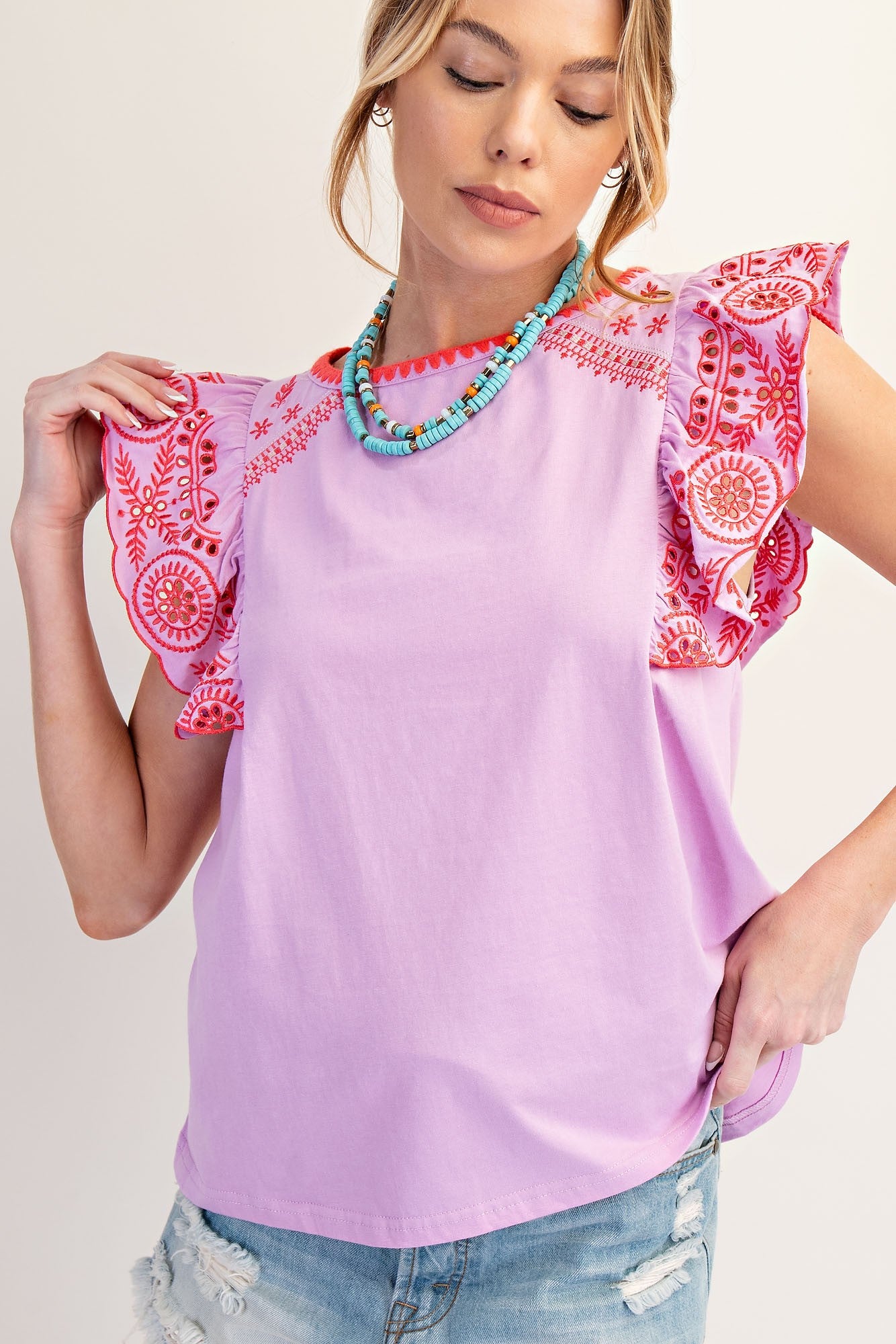 Eyelet Ruffle Sleeve Top
