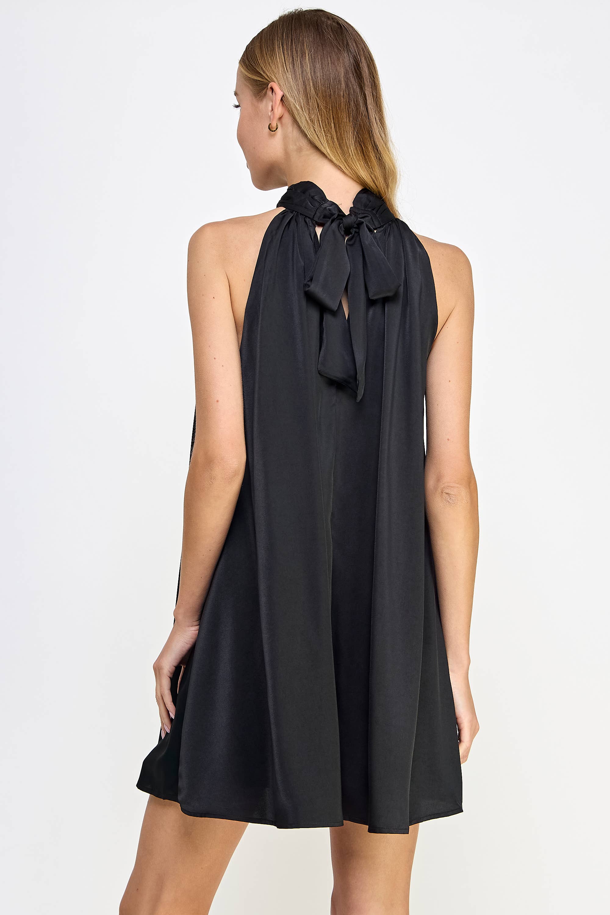 Mock Neck Halter Satin Mini Dress: Champagne