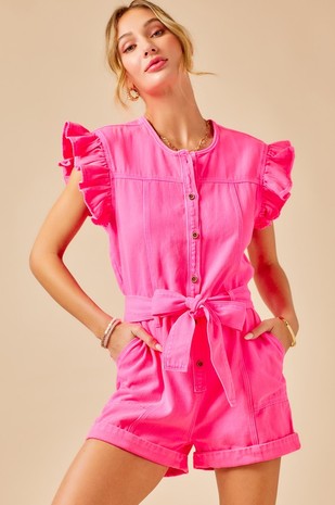 Button Down Denim Romper - Pink