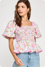 Smocked Floral Peplum Top