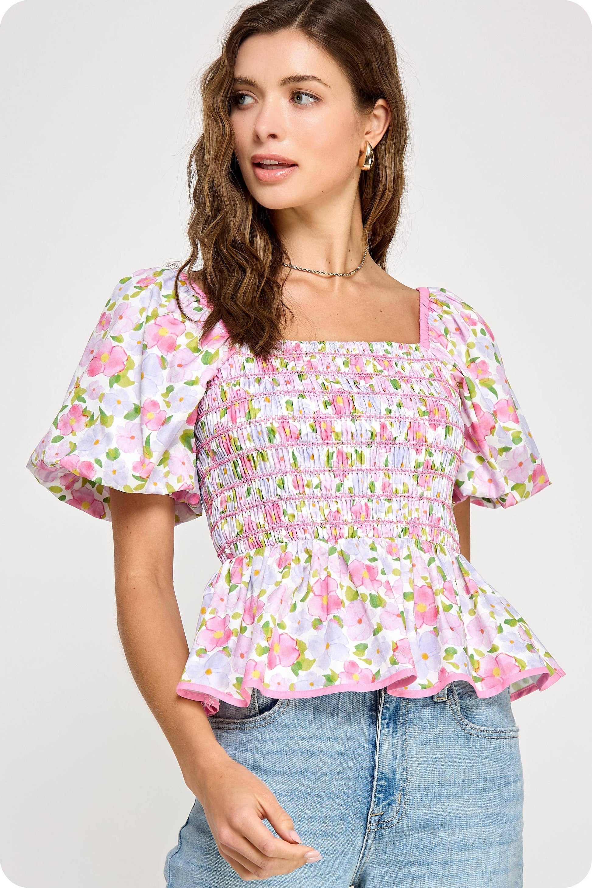 Smocked Floral Peplum Top
