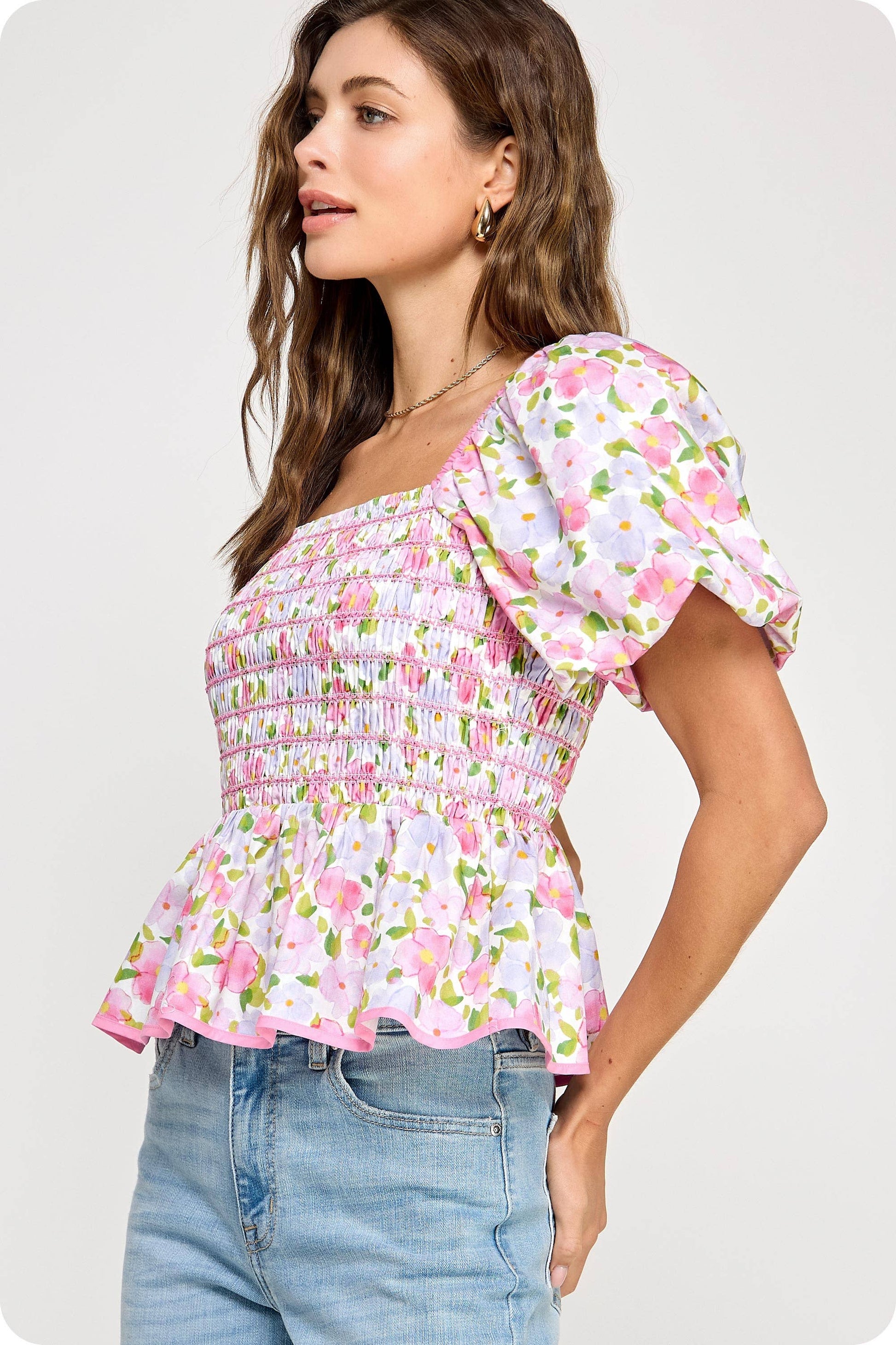 Smocked Floral Peplum Top