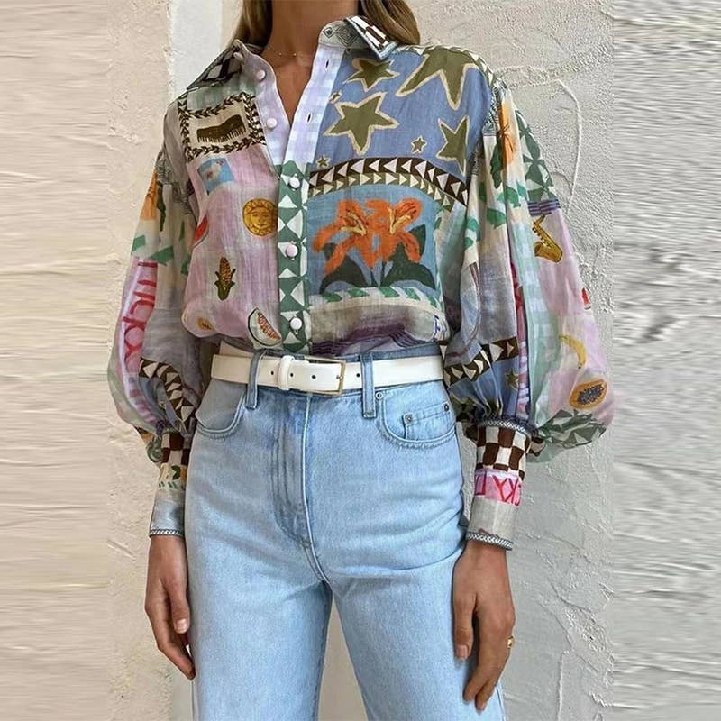 Lily Clothing - LAPEL PRINT CASUAL FASHION SHIRT