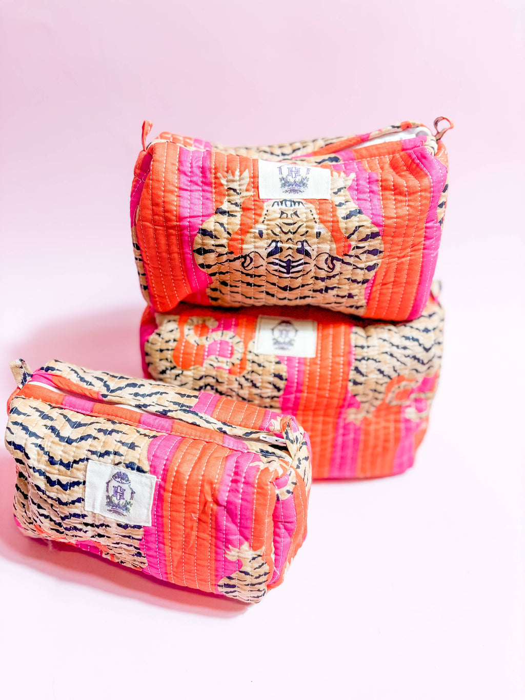 Heart of Grace - Pink/Orange Eye of the Tiger Quilted Cosmetic Bags-set of 3