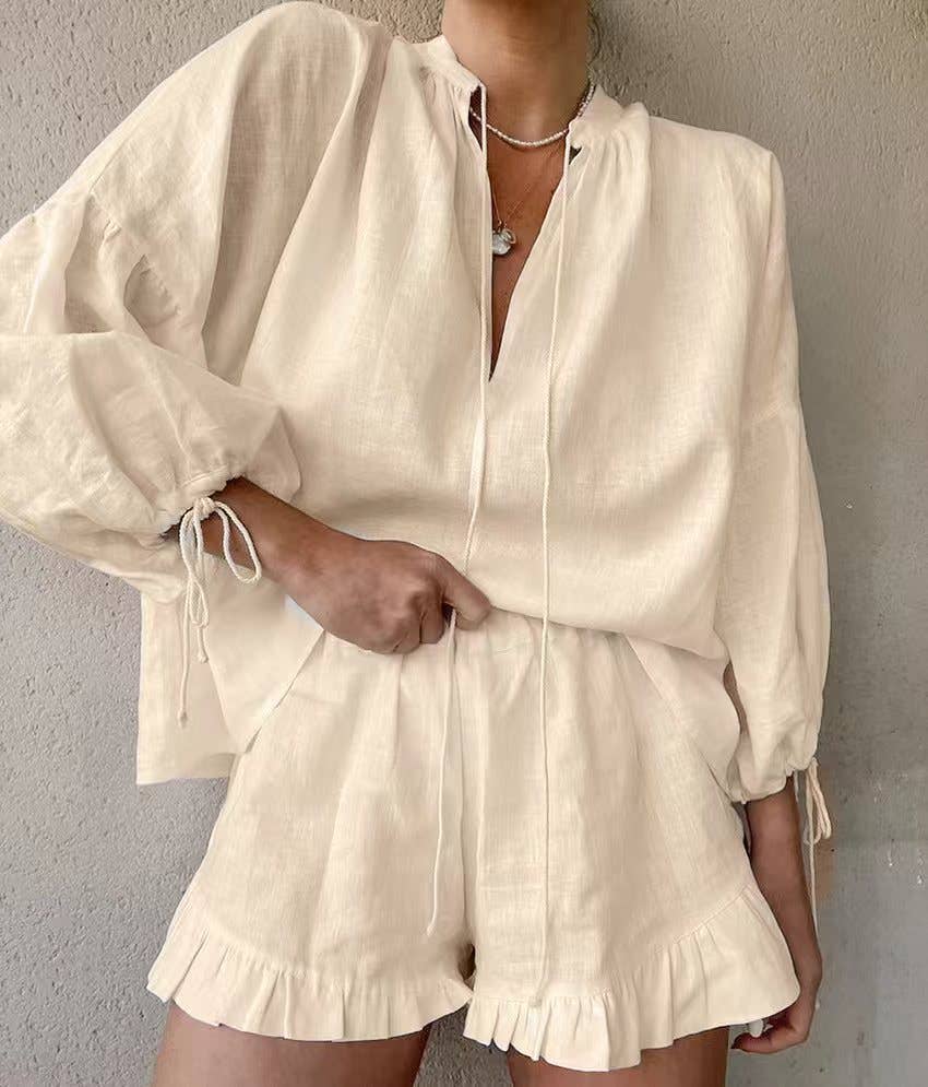 Lily Clothing - COTTON LINEN V-NECK LANTERN SLEEVE SHORTS SUIT: