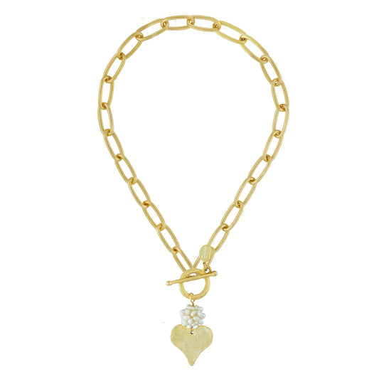 Susan Shaw - Handcast Heart with Pearl Cluster Chain Toggle Necklace