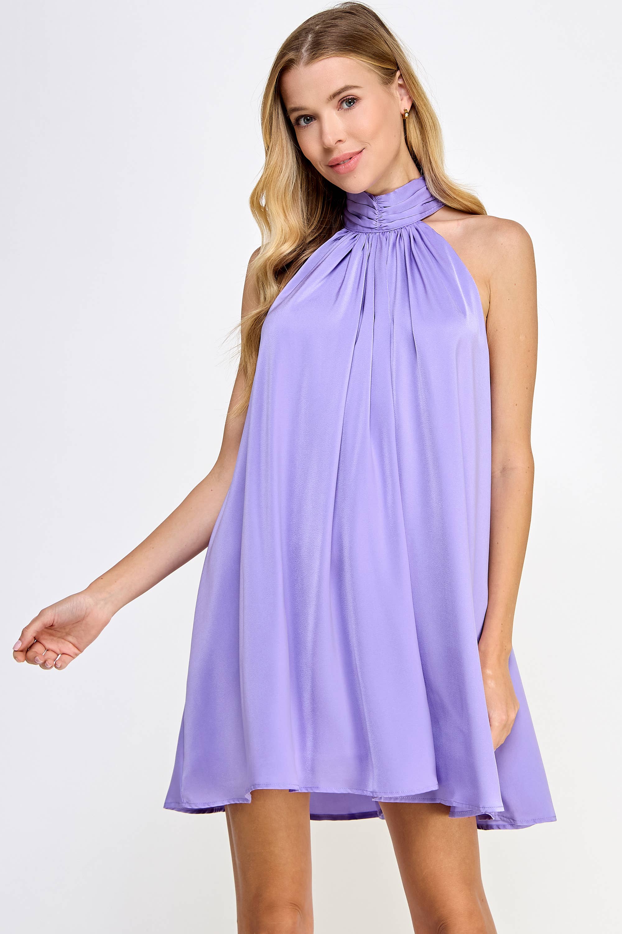 Mock Neck Halter Satin Mini Dress: Champagne