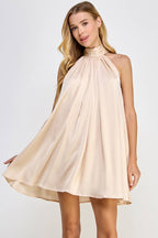 Mock Neck Halter Satin Mini Dress: Champagne