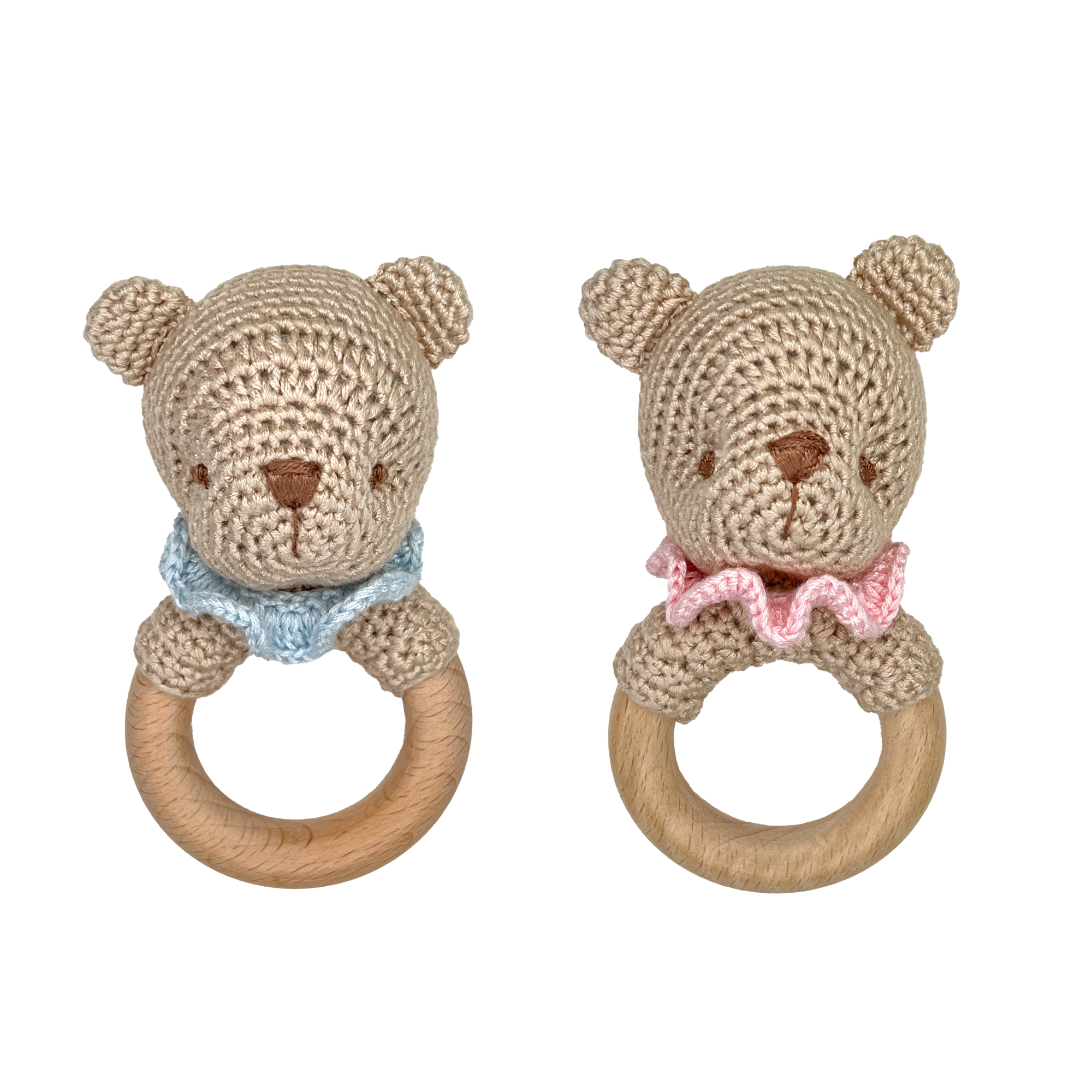 Petit Ami & Zubels - Bear Bamboo Crochet Woodring Rattle - 2 Colors!: Blue / 5" Rattle