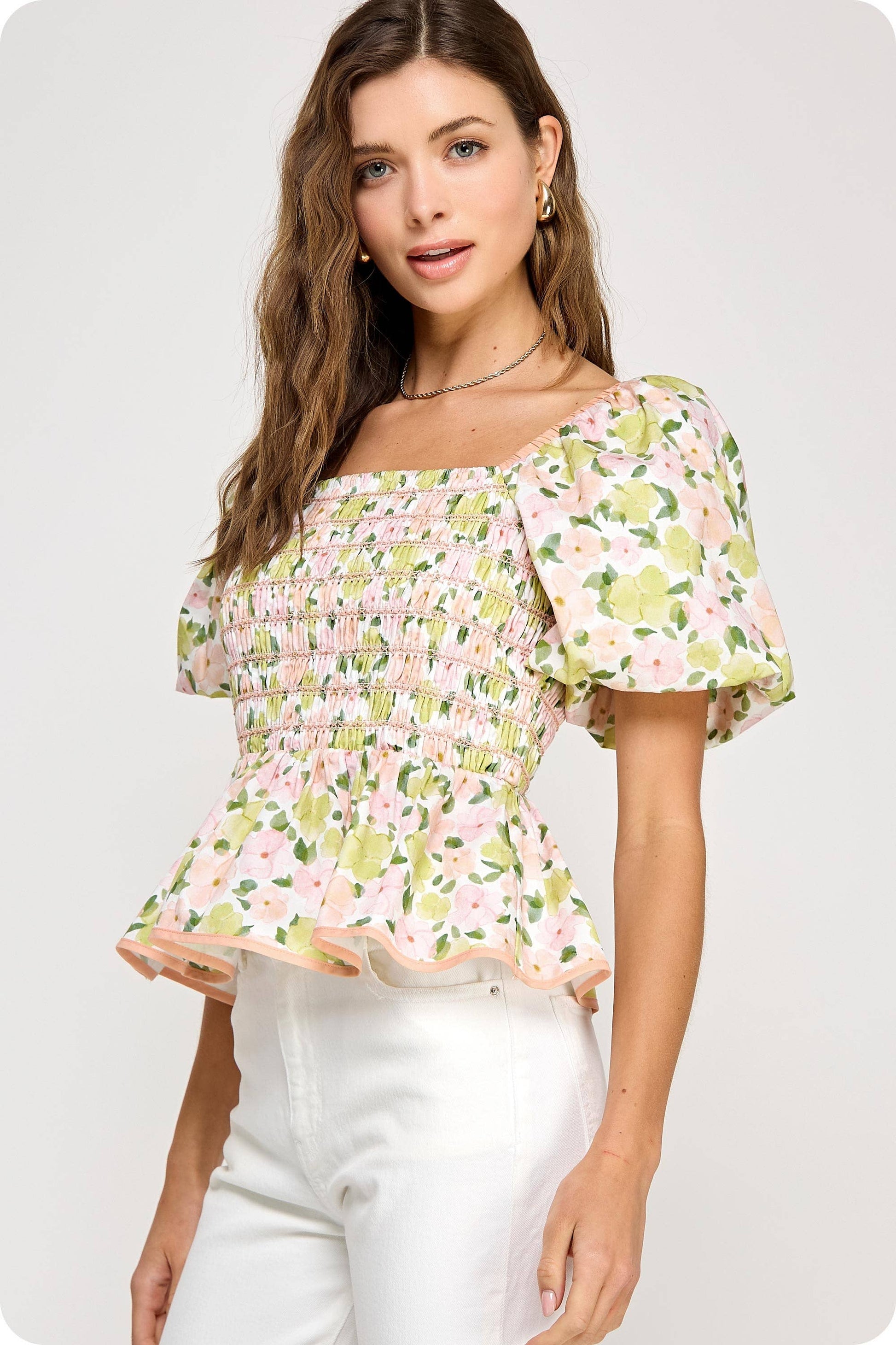 Smocked Floral Peplum Top