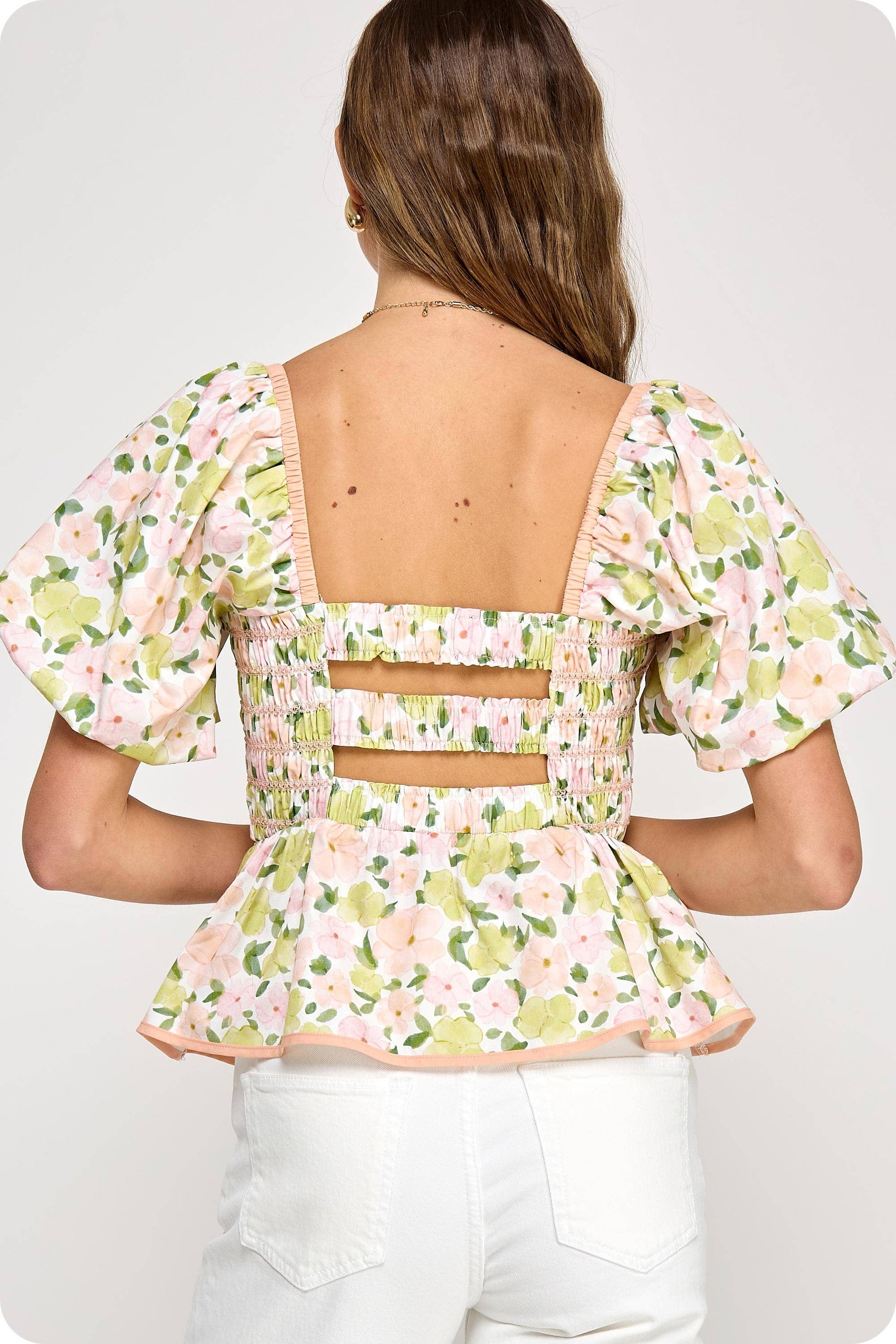 Smocked Floral Peplum Top