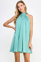 Mock Neck Halter Satin Mini Dress: Champagne