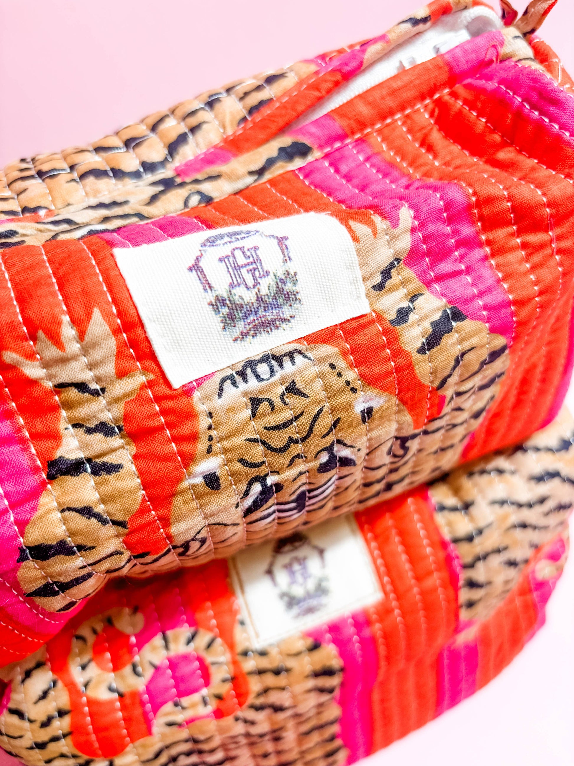 Heart of Grace - Pink/Orange Eye of the Tiger Quilted Cosmetic Bags-set of 3