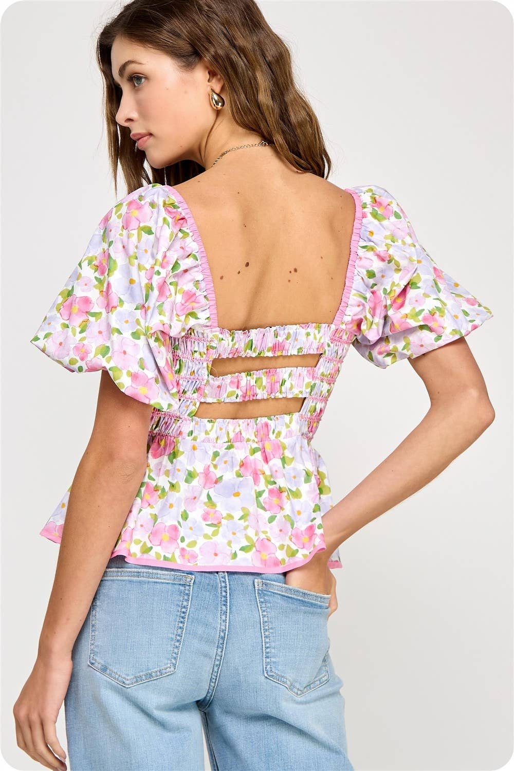 Smocked Floral Peplum Top