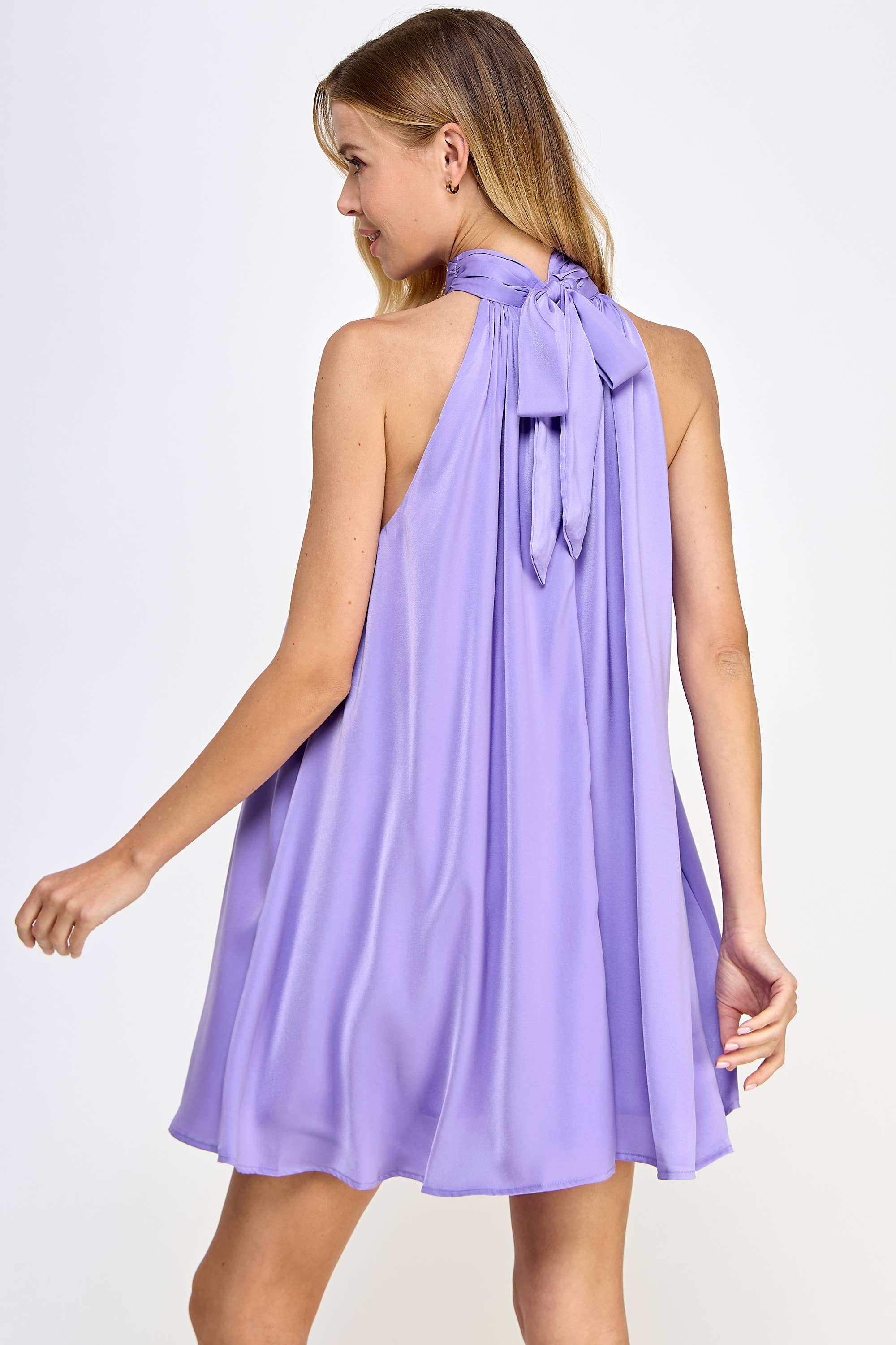 Mock Neck Halter Satin Mini Dress: Champagne