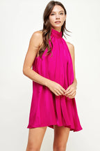 Mock Neck Halter Satin Mini Dress: Champagne
