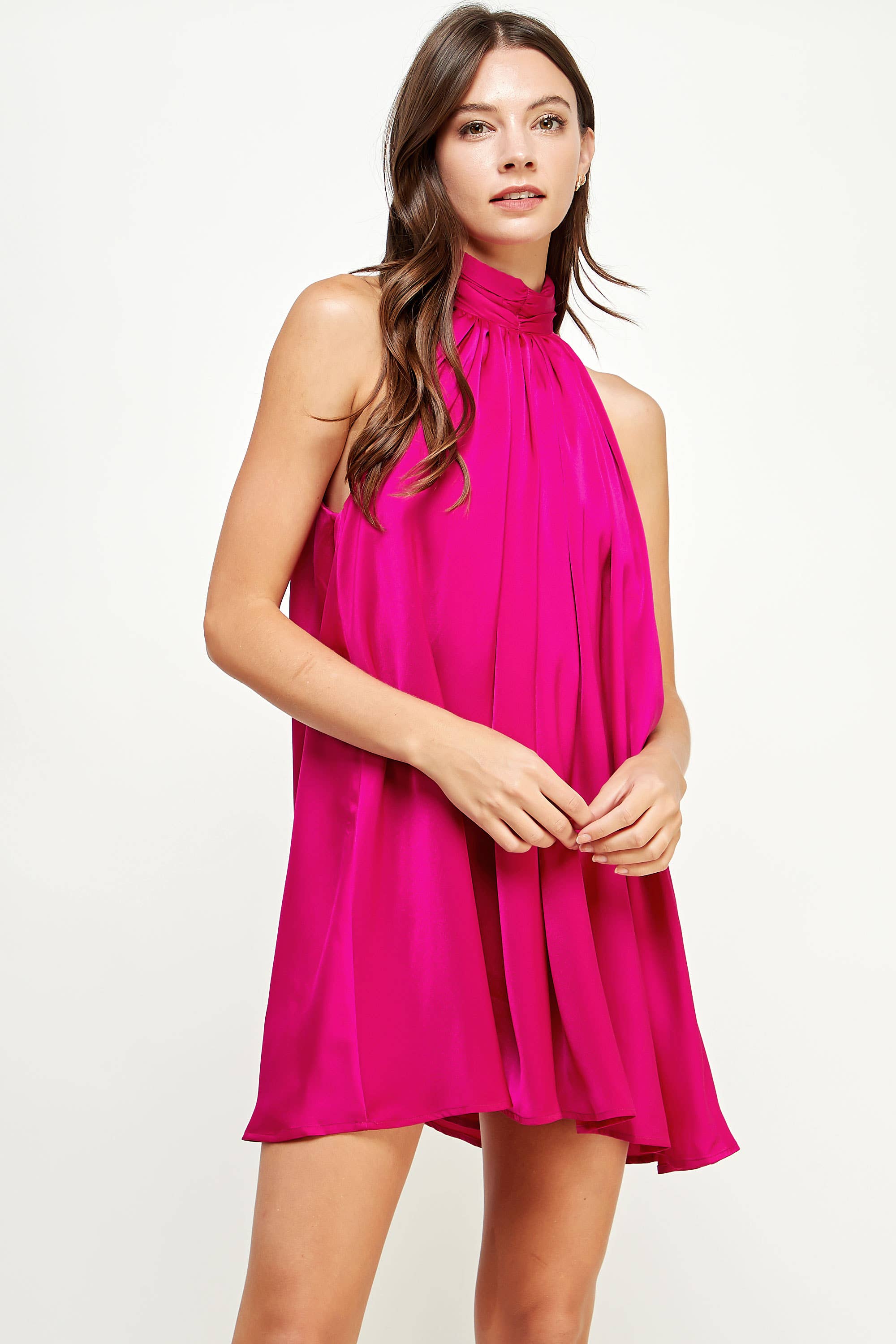 Mock Neck Halter Satin Mini Dress: Champagne