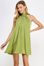 Mock Neck Halter Satin Mini Dress: Champagne