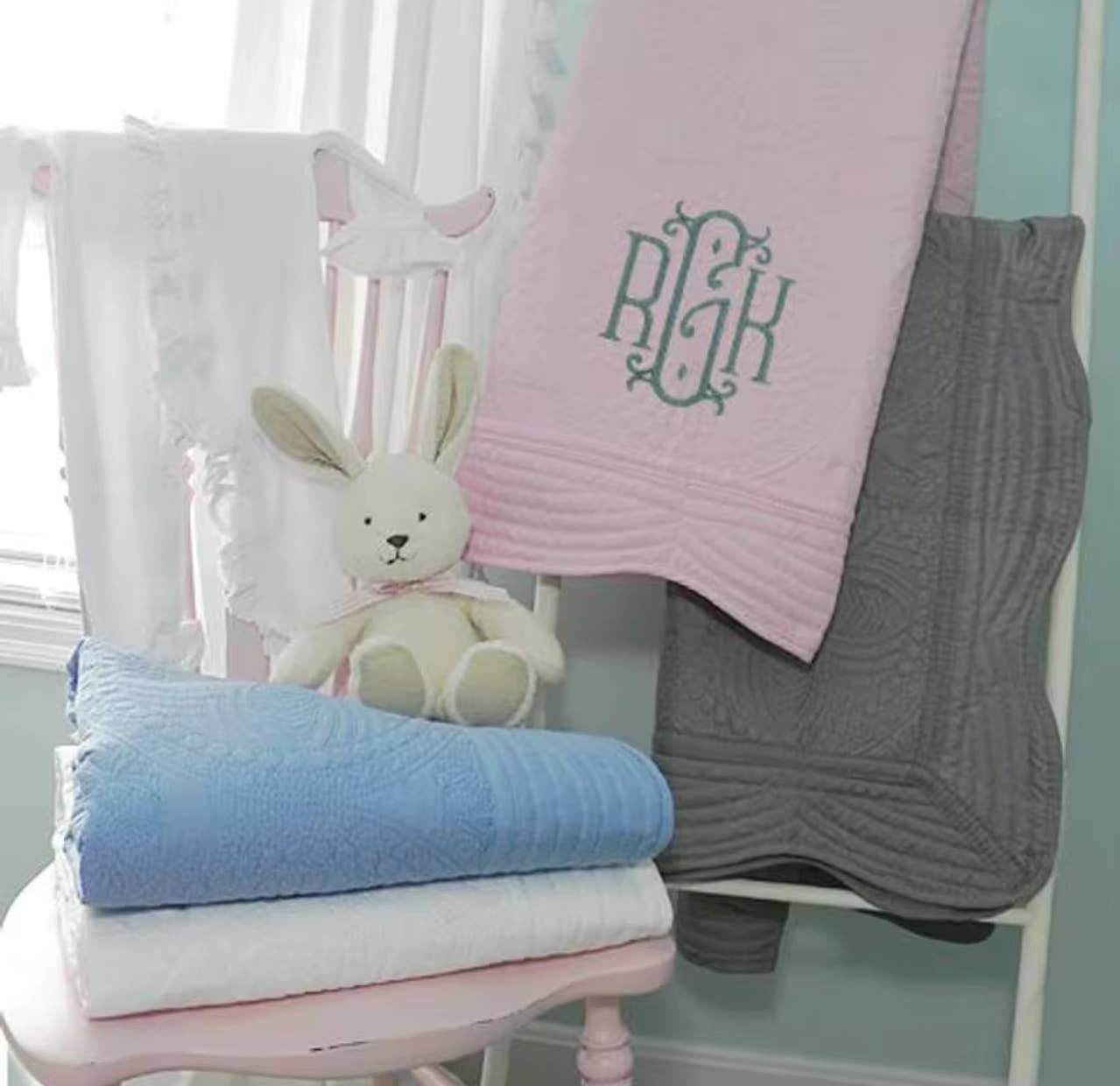 Zsa Zsa & LoLLi Monogram Blanks - Heirloom Quilt - Baby Quilt Blanket Swaddle Monogram: White