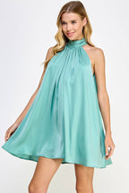 Mock Neck Halter Satin Mini Dress: Champagne