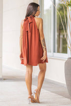 Mock Neck Halter Satin Mini Dress: Champagne