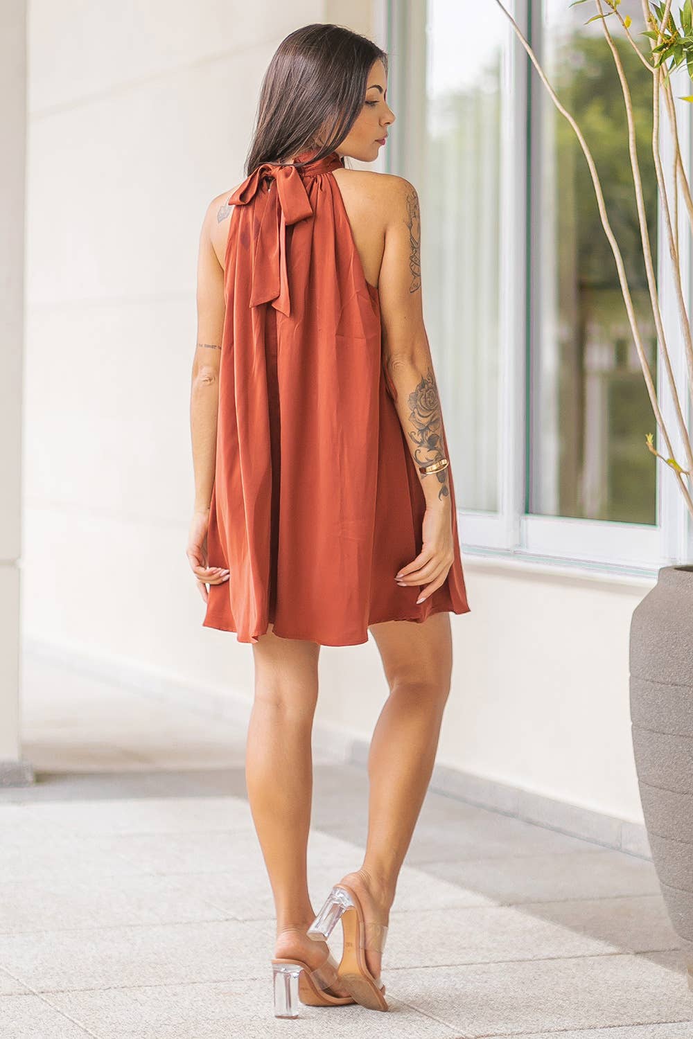 Mock Neck Halter Satin Mini Dress: Champagne