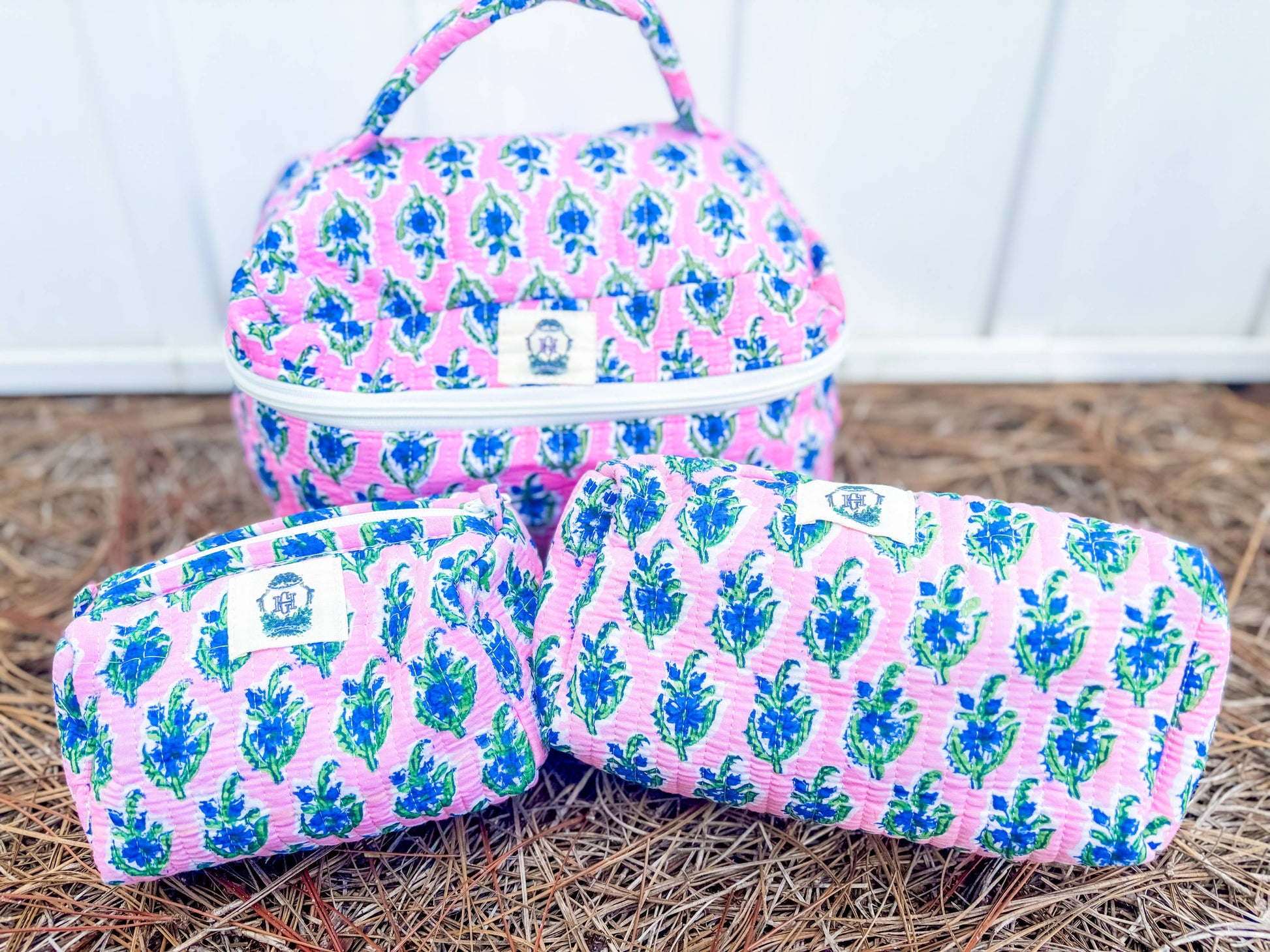 Heart of Grace - Blue Blossom Quilted Cosmetic Bags-set of 3