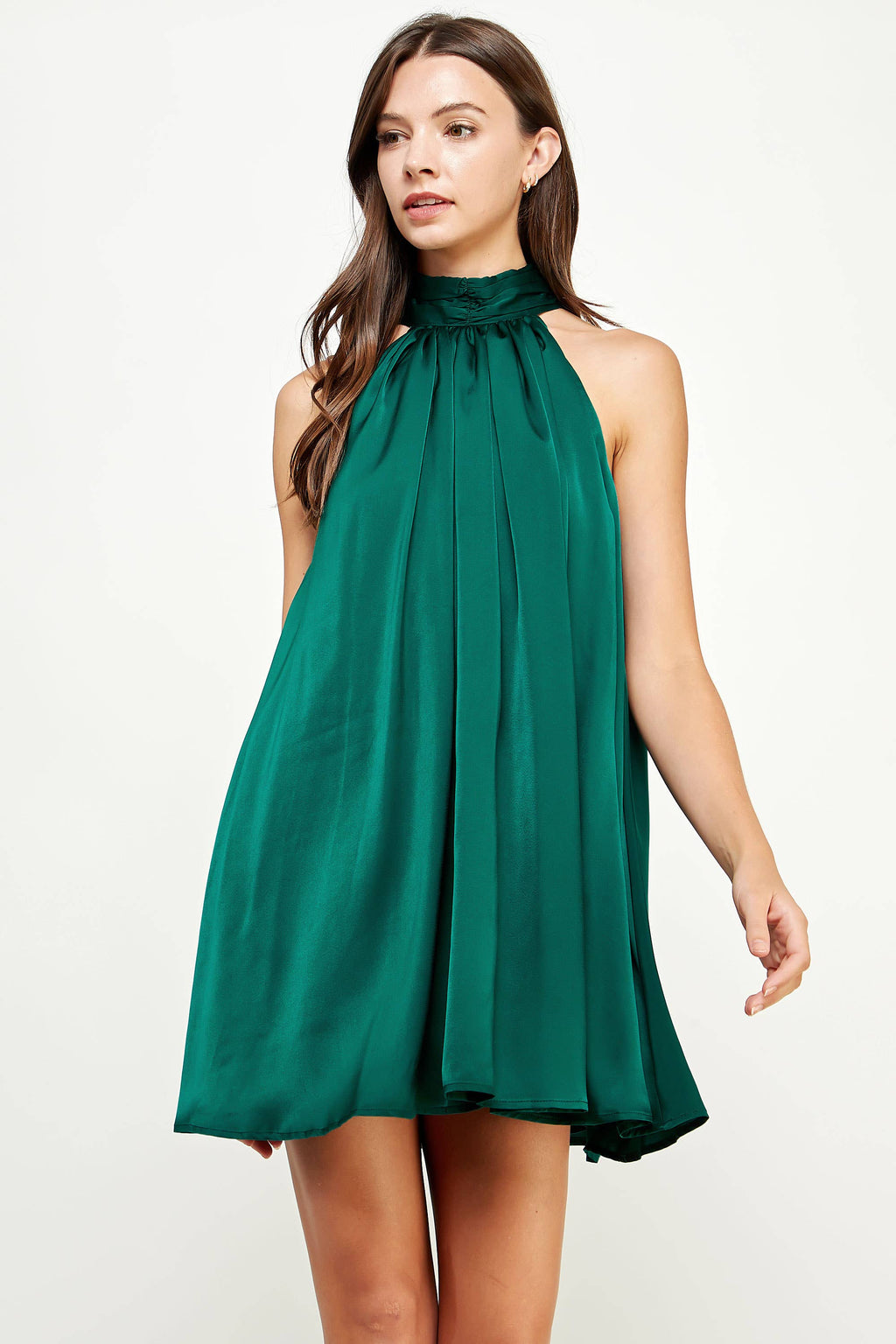 Strut & Bolt - Mock Neck Halter Satin Mini Dress: Champagne / L