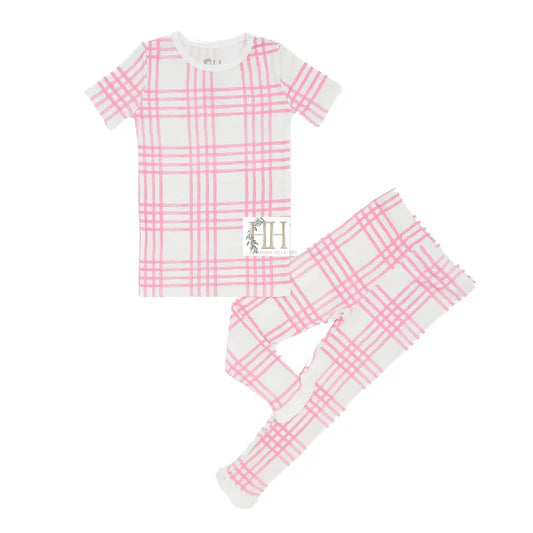 Girls Preppy Pink Plaid Ruffle Loungewear Set