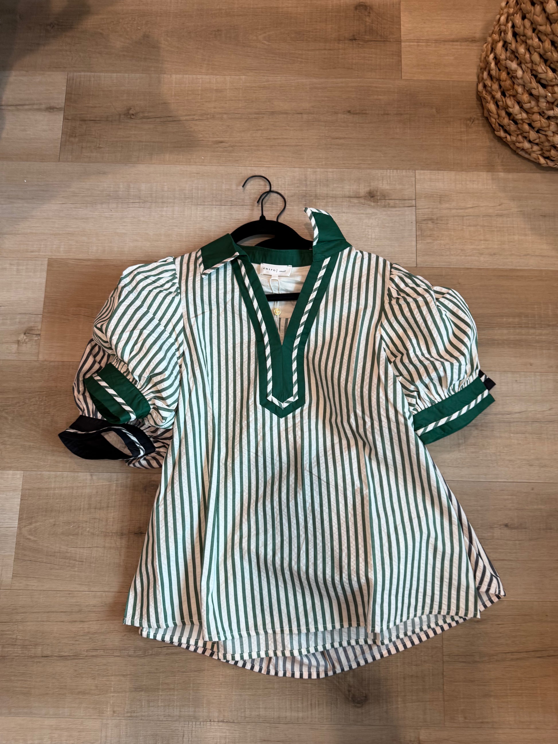 Green Striped Puff Sleeve Top