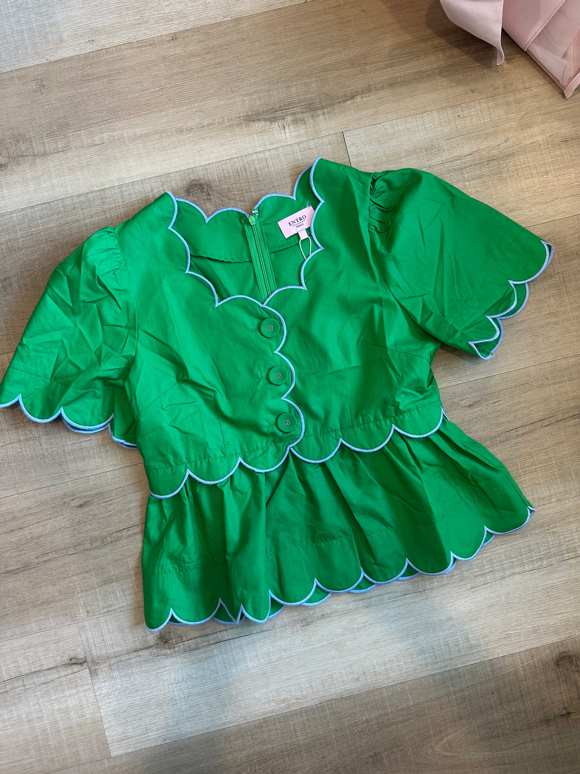 Button Up Piped Scallop Detail Top