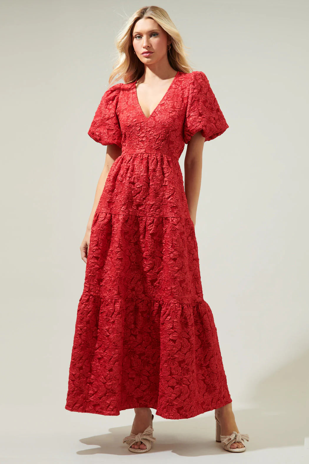 Cherry Kiss Jacquard Maxi Tiered Dress