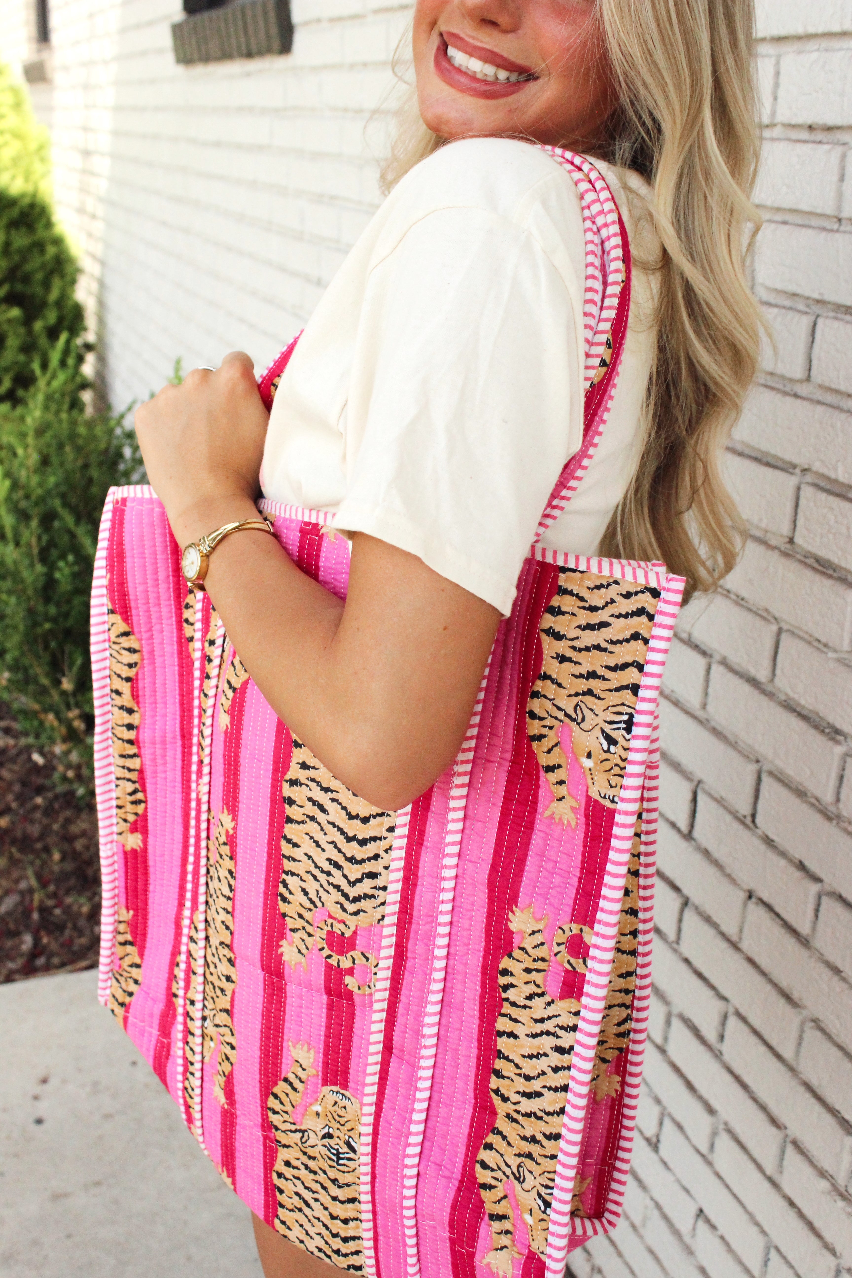 Heart of Grace - Pink Eye of The Tiger | Large Quilted Tote Bag  