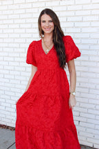 Cherry Kiss Jacquard Maxi Tiered Dress