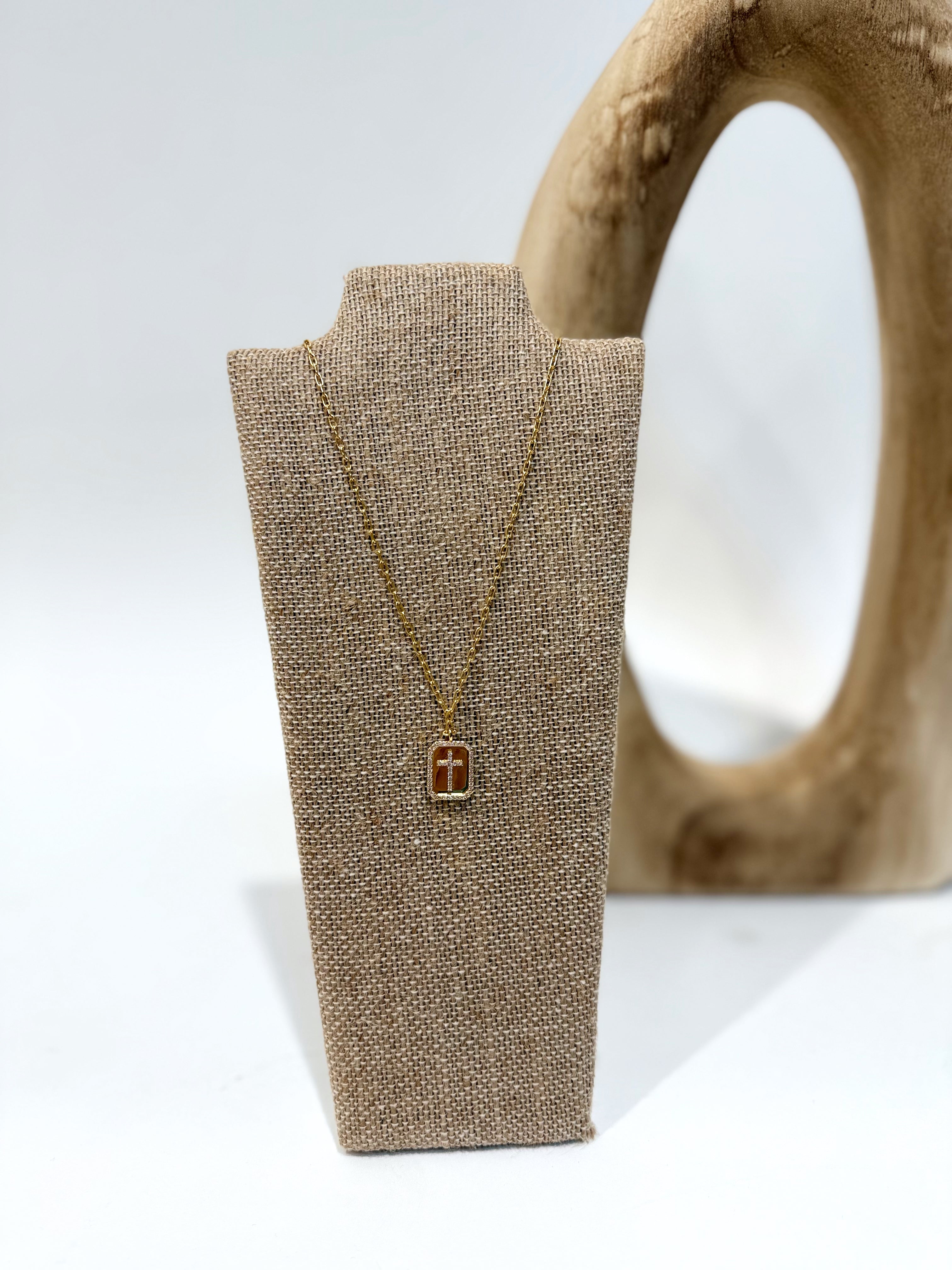 Caroline Hill - Captiva CZ Cross Plate Necklace Gold