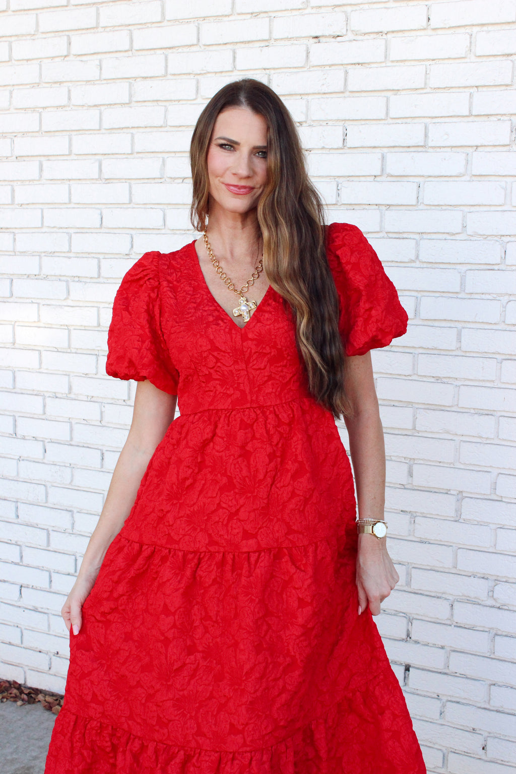 Cherry Kiss Jacquard Maxi Tiered Dress