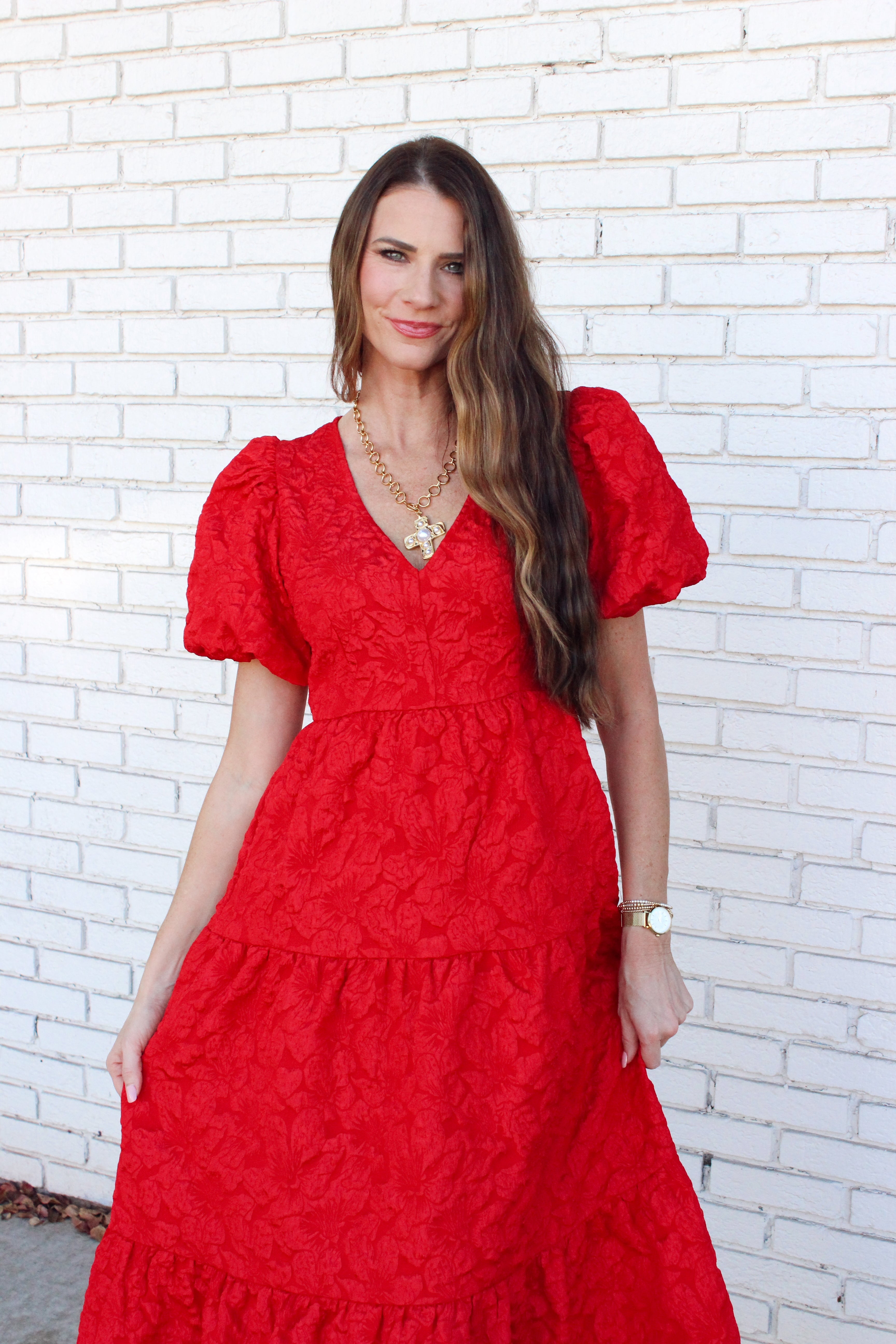 Cherry Kiss Jacquard Maxi Tiered Dress