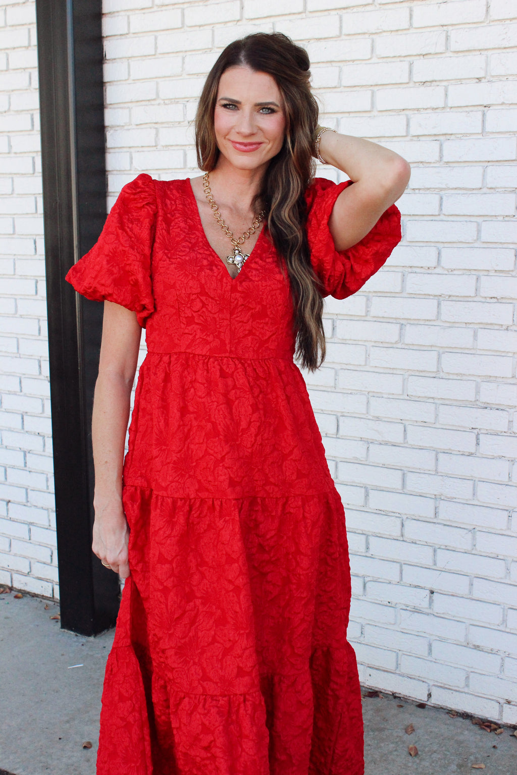 Cherry Kiss Jacquard Maxi Tiered Dress