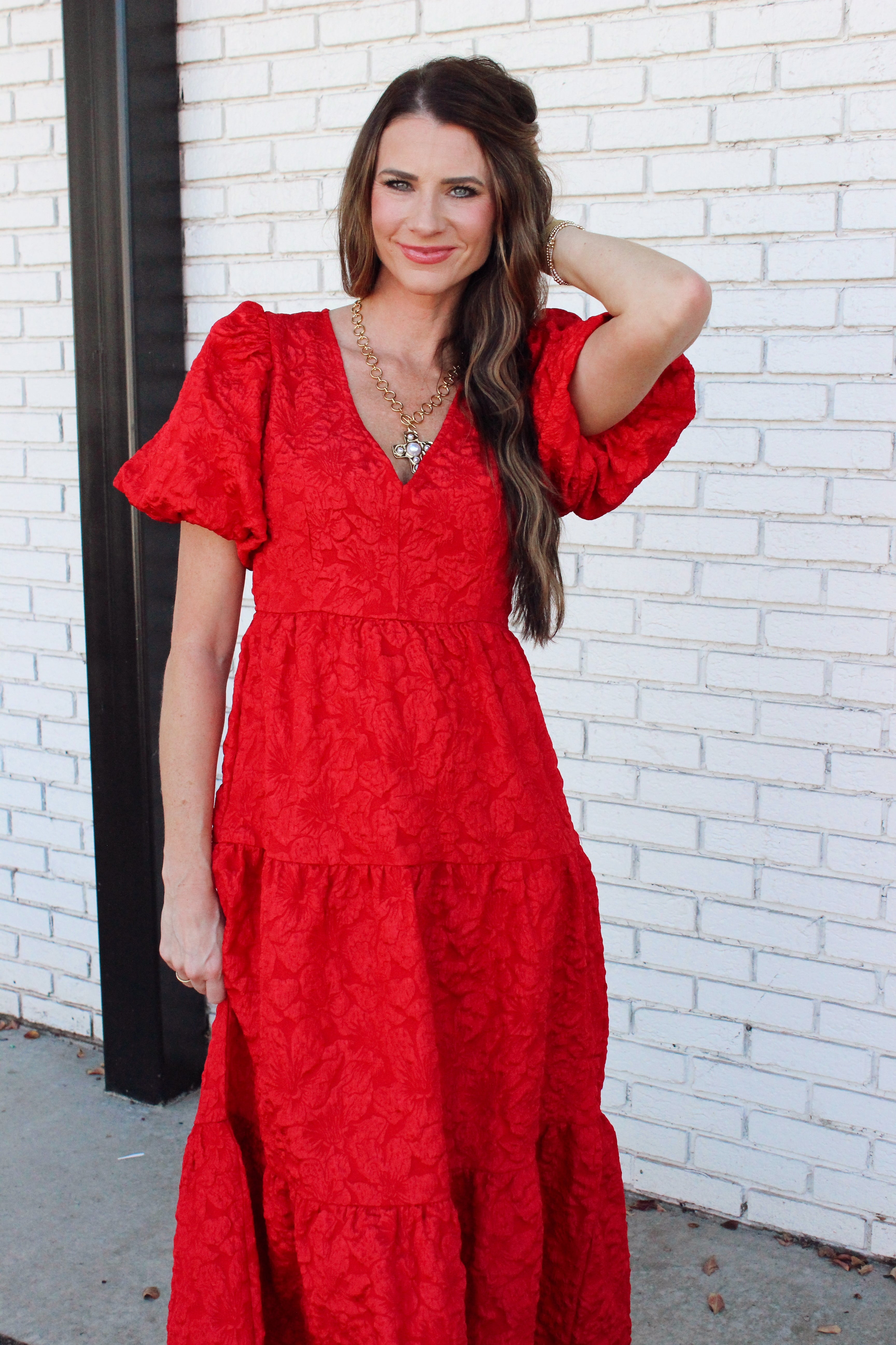 Cherry Kiss Jacquard Maxi Tiered Dress