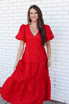 Cherry Kiss Jacquard Maxi Tiered Dress