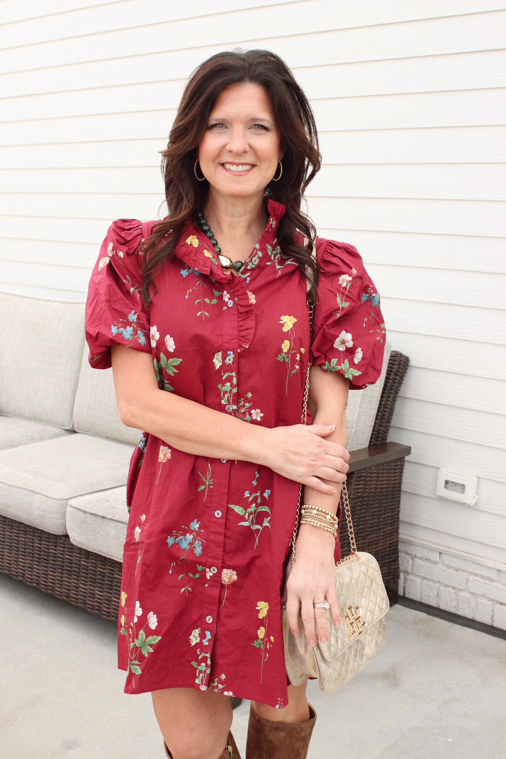 Burgundy Blossom Button-Up Dress