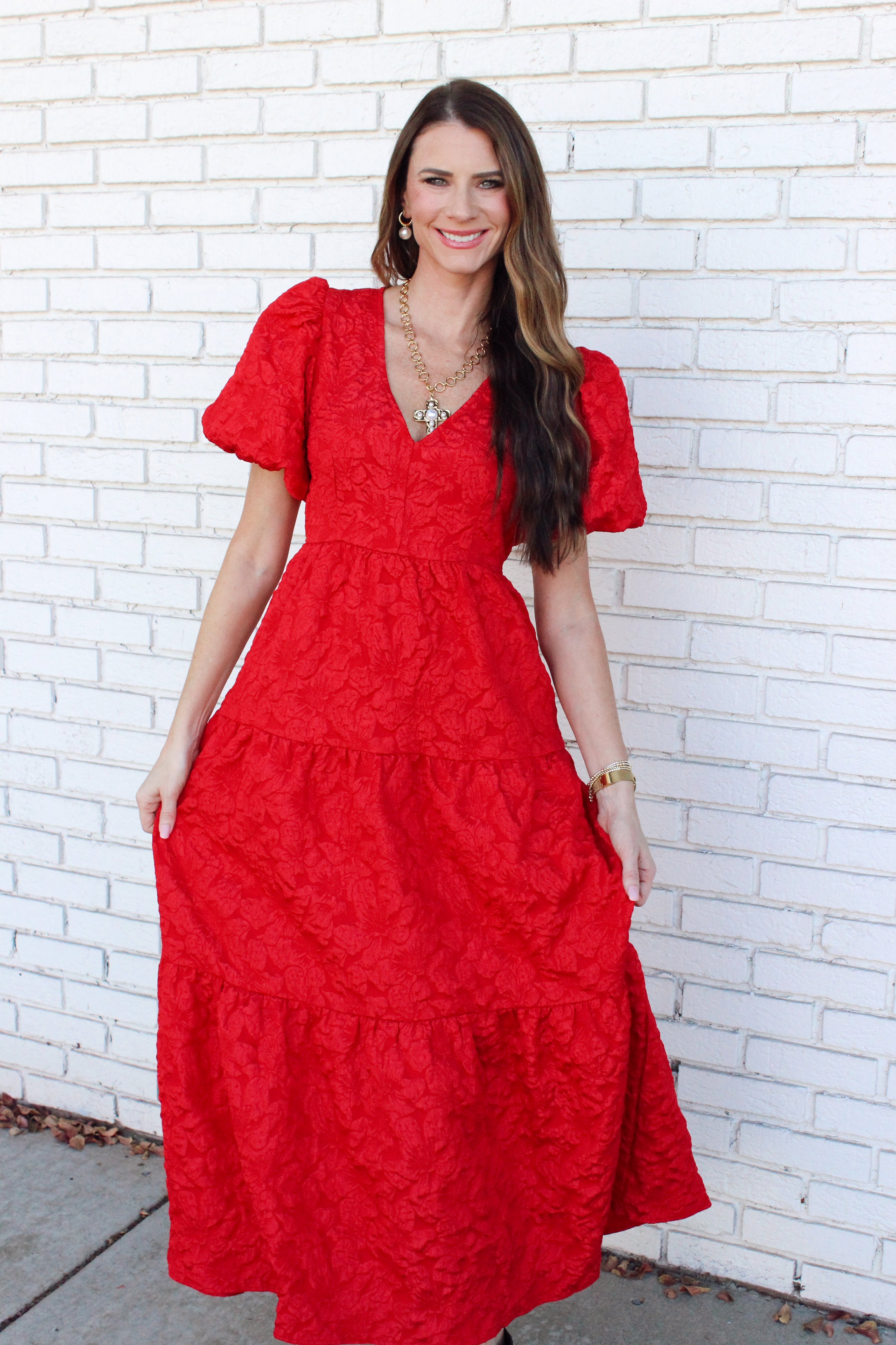 Cherry Kiss Jacquard Maxi Tiered Dress