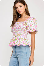 Smocked Floral Peplum Top